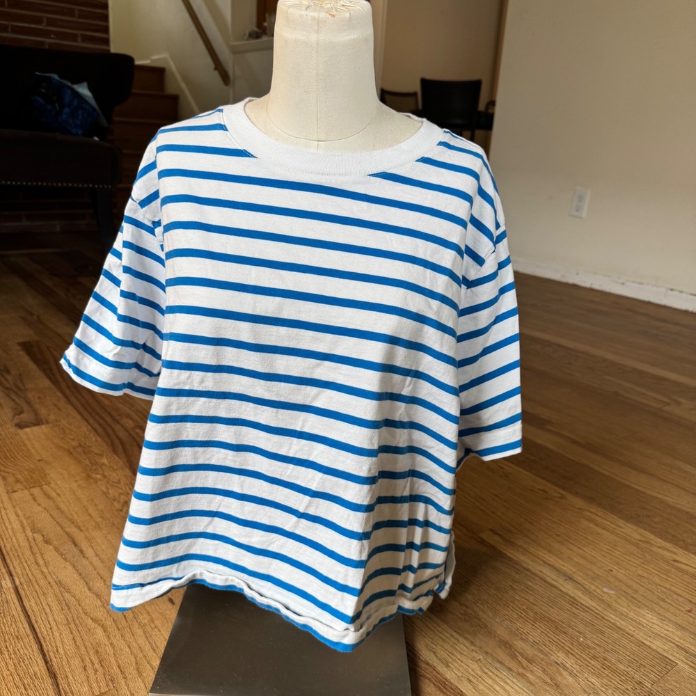 J.Crew Womens Blue White Striped Boxy Cropped T-Shirt XXL oversized